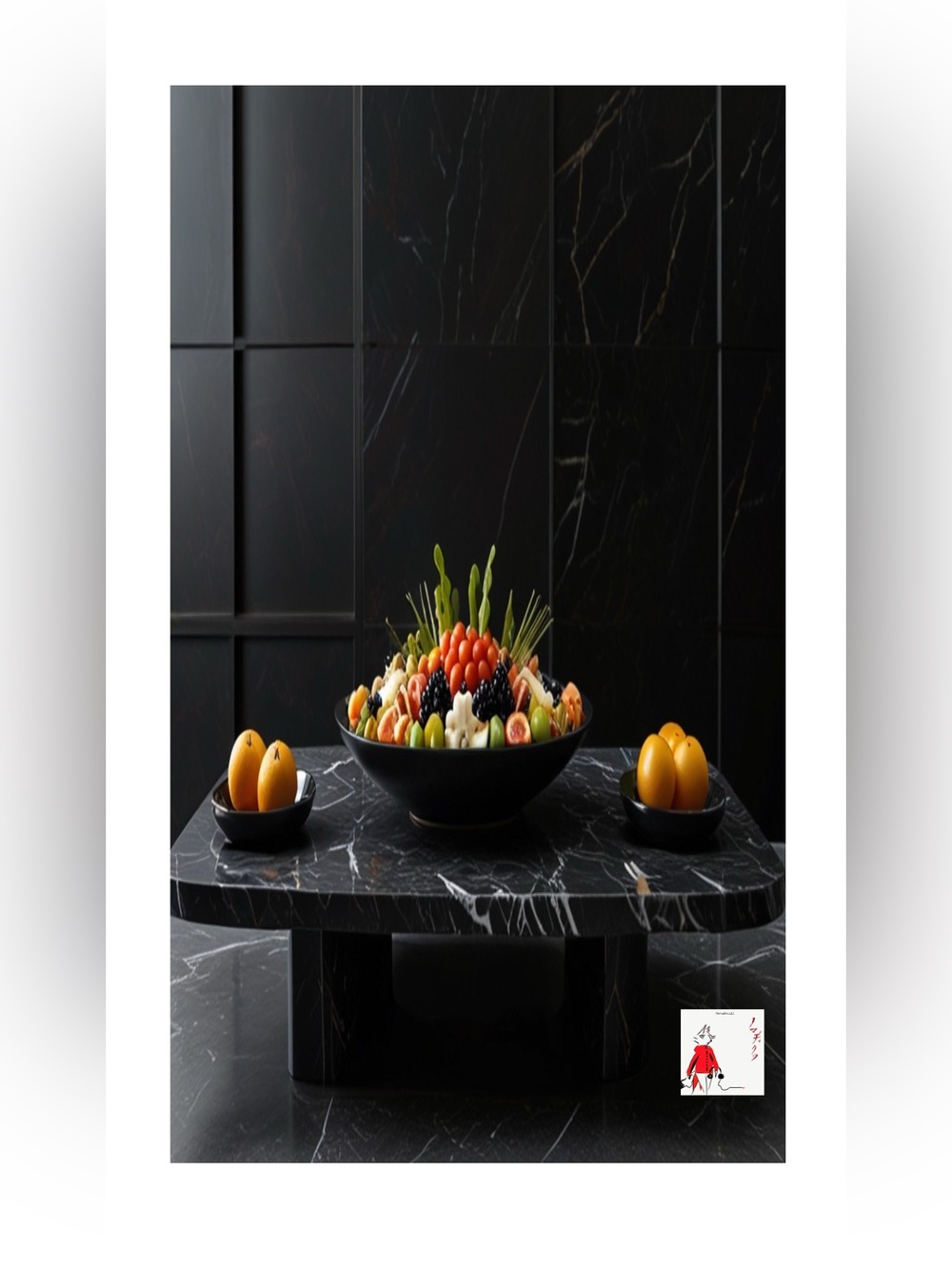 Modern Black Stone Fruit Bowl Art Print - Minimalist Home Wall Art